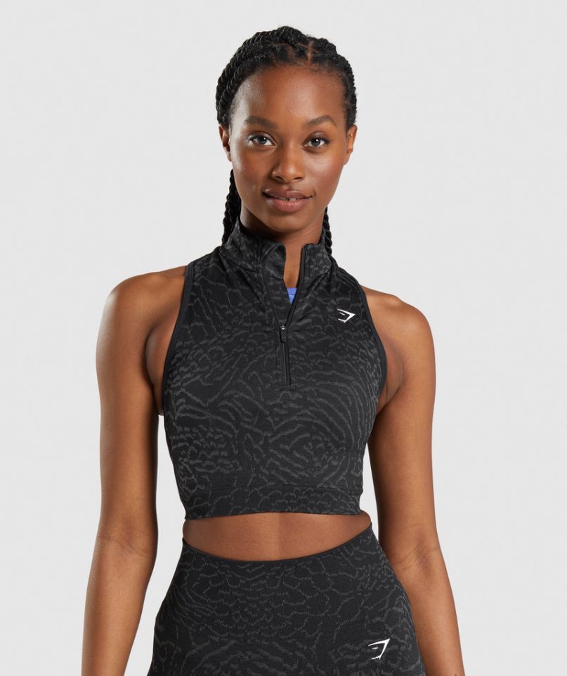 Women\'s Gymshark Adapt Animal Seamless 1/2 Zip Cropped Tops Black | NZ 7RPNHQ